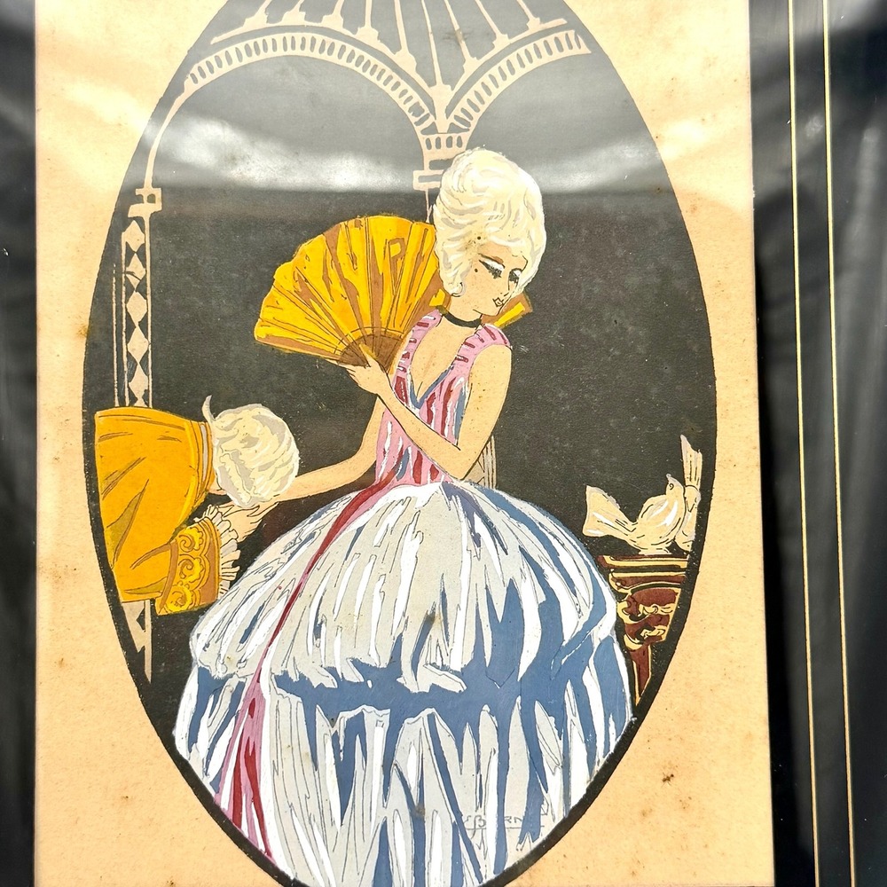 Art Deco Pochoir Print Framed Woman Fan Vintage 1920s French Decor